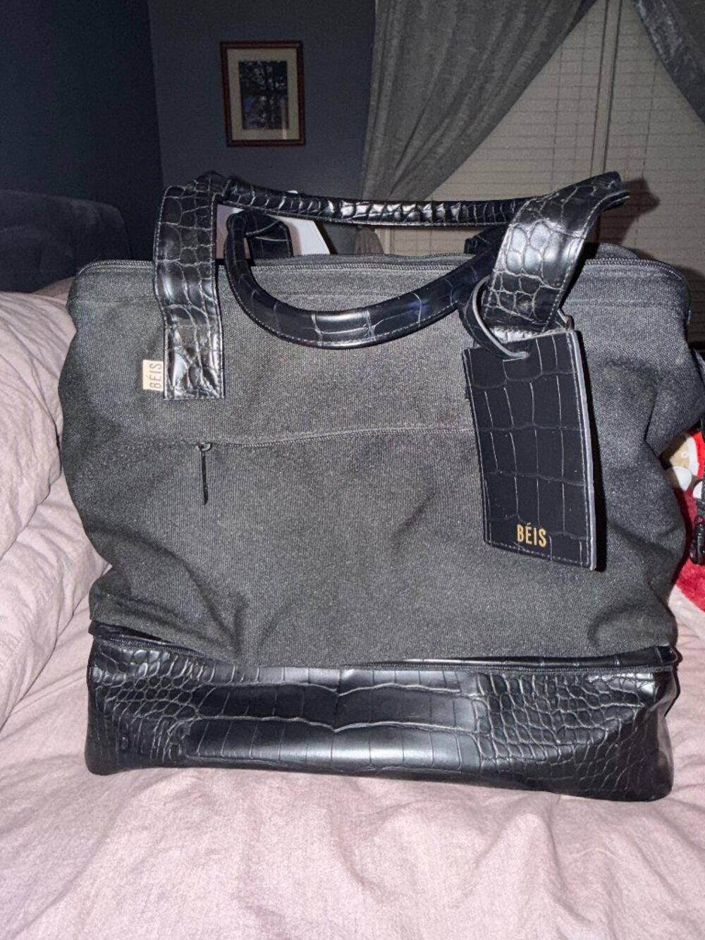 BÉIS Convertible Mini Weekender Black Croc Travel Bag